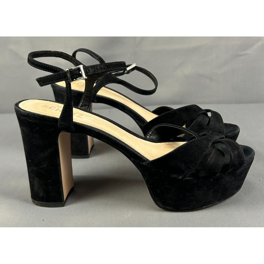 Schutz Keefa Platform Heels Sandals Black Suede Nubuck Leather Ankle Strap Sz 9B
